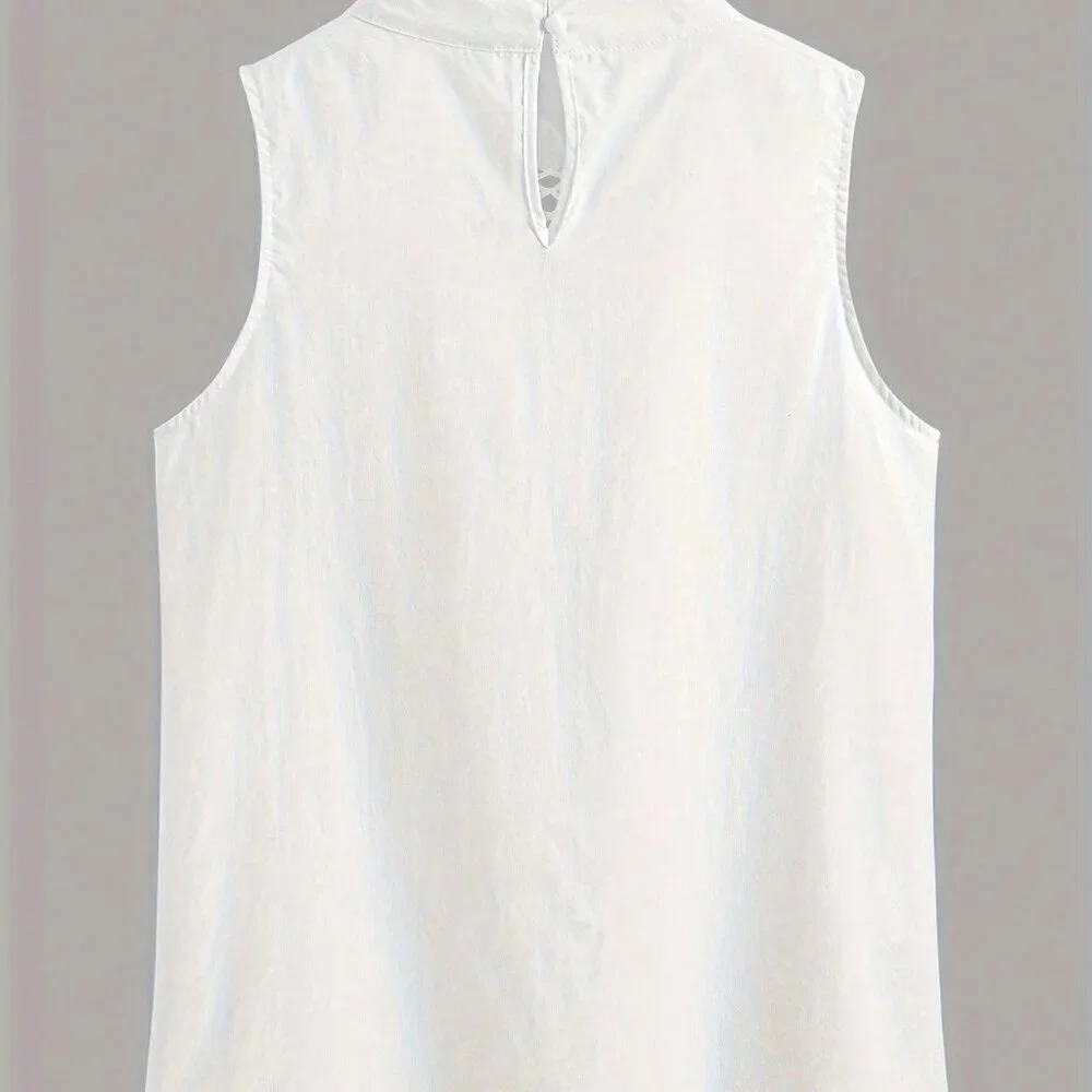 White Elegant Women's High Collar Sleeveless Loose Lace Trim Blouse